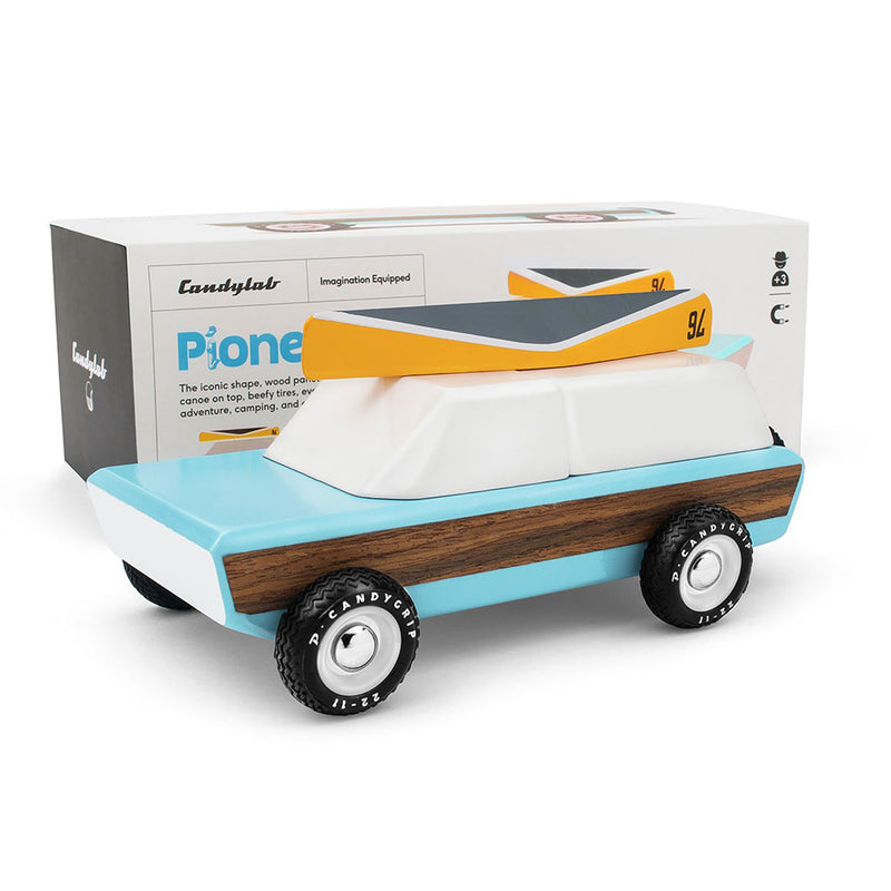 Candylab Pioneer wooden toy car in bold blue a stylish addition to any playset