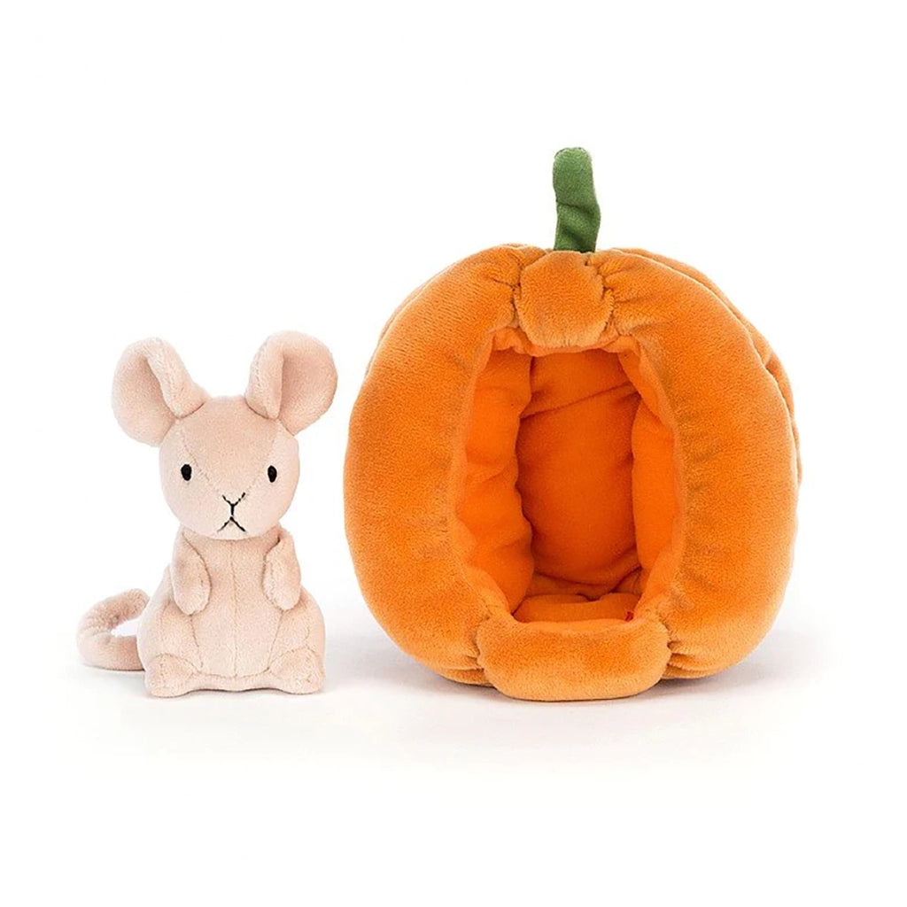 Jellycat Brambling Mouse shown outside its pumpkin home.