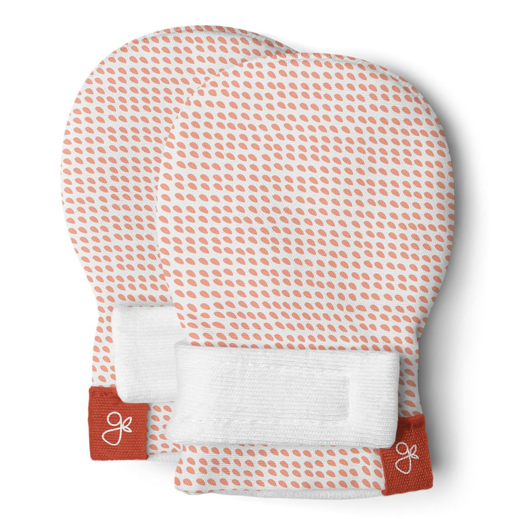 GoumiKids Infant Baby Organic Two-Closure Stay On Mitts poppy drops orange