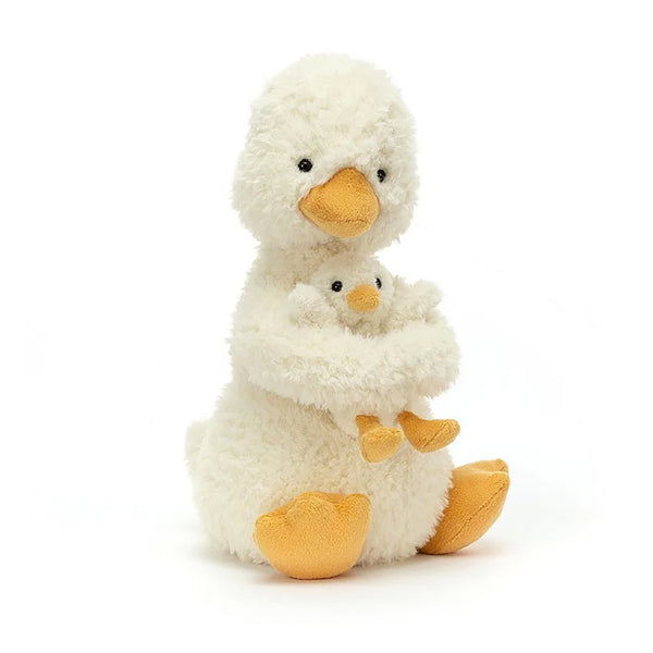Jellycat Huddles Duck Children's Plush Stuffed Animal Toy - happy duck grasping tightly to their baby duck and facing the camera