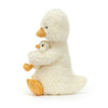 Jellycat Huddles Duck Children's Plush Stuffed Animal Toy - happy duck grasping tightly to their baby duck and facing the left 
