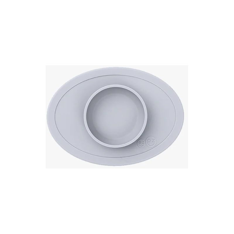 The Pewter Gray ezpz silicone baby bowl suctions to surfaces for stress-free meals.