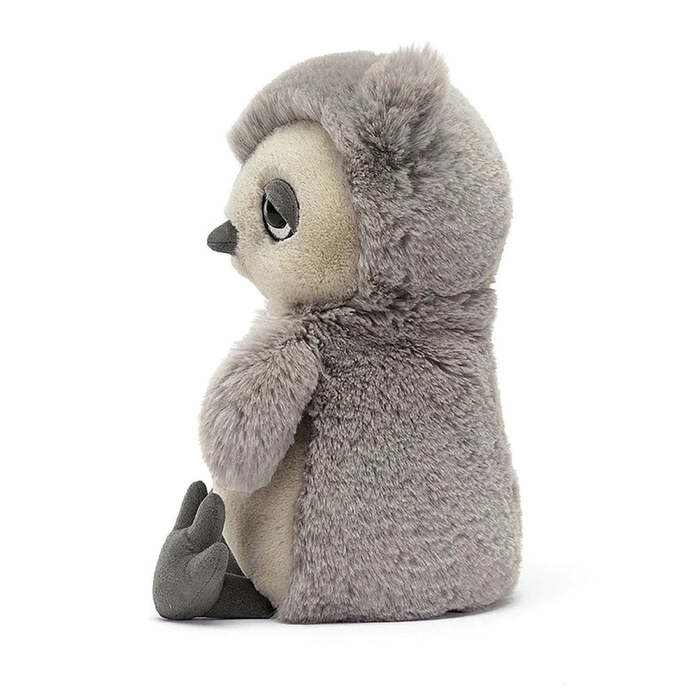 Jellycat Snoozling Owl grey stuffed animal. Side view.