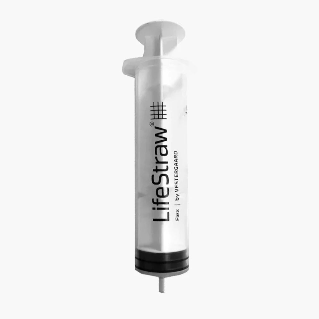 LifeStraw Grey Flex Collapsible Squeeze Water Bottle with Filter clear syringe, white plunger- black tip