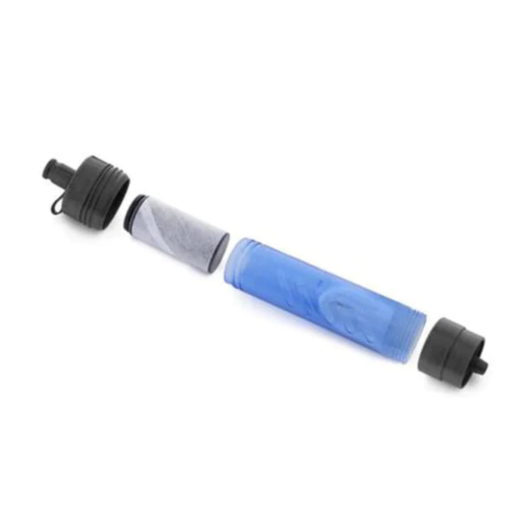 life_style2, LifeStraw Grey Flex Collapsible Squeeze Water Bottle with Filter black cap ends, blue filter case, white filter