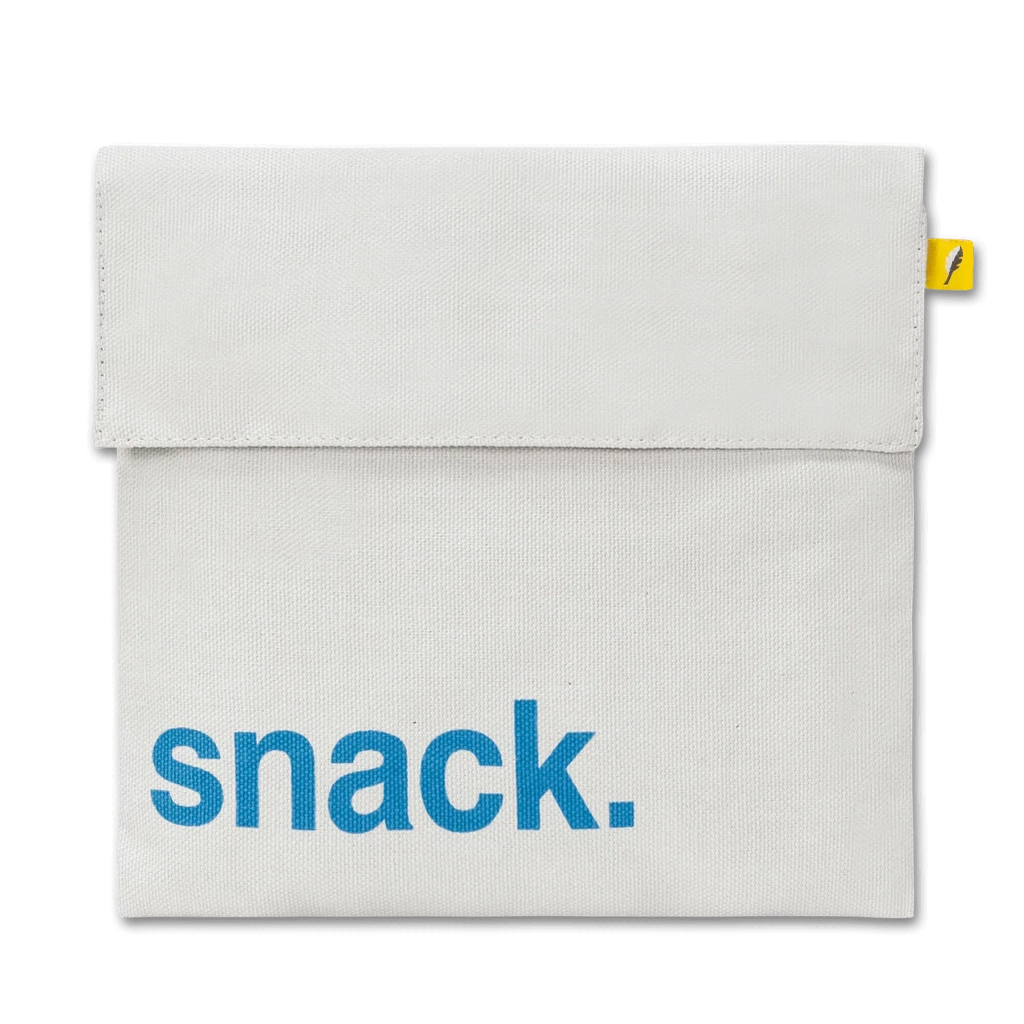Fluf Flip Reusable Snack Sack for Snacks & Sandwiches white canvas, blue font, yellow tag