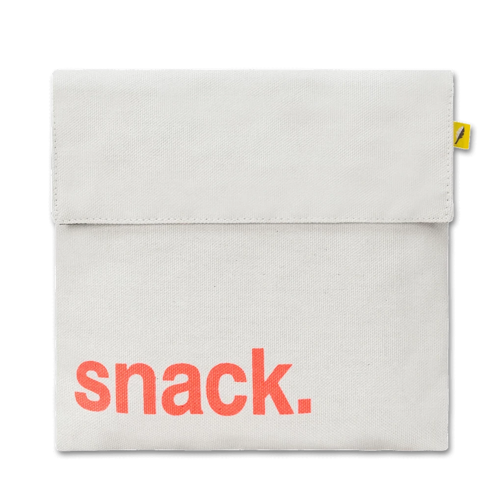 Fluf Flip Reusable Snack Sack for Snacks & Sandwiches white canvas, orange font, yellow tag