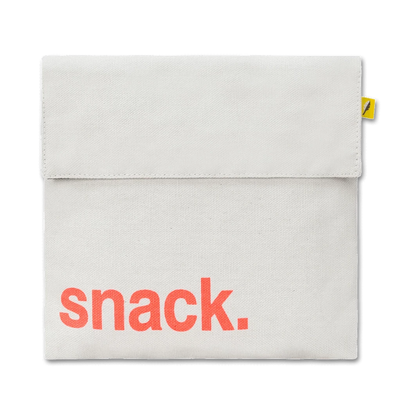 Fluf Flip Reusable Snack Sack for Snacks & Sandwiches white canvas, orange font, yellow tag