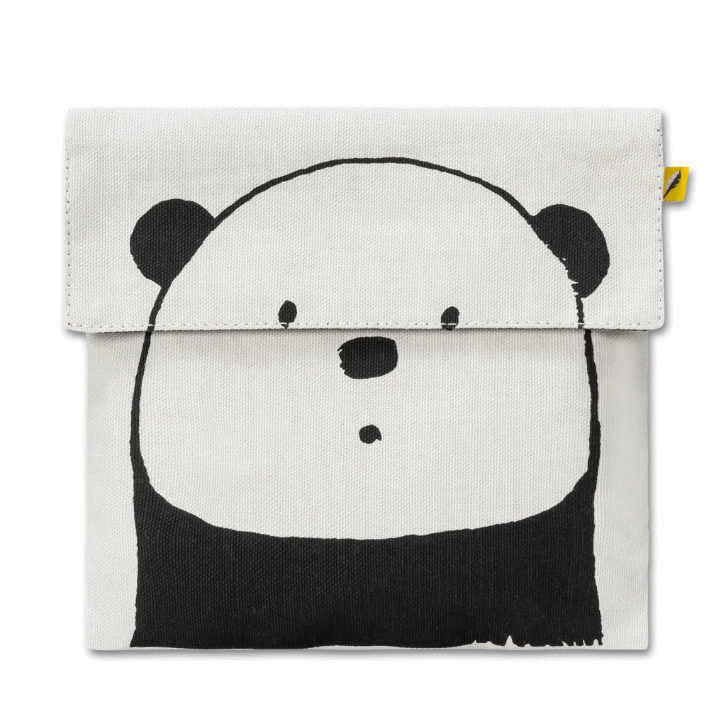 Fluf Flip Reusable Snack Sack for Snacks & Sandwiches white canvas, black panda, yellow tag