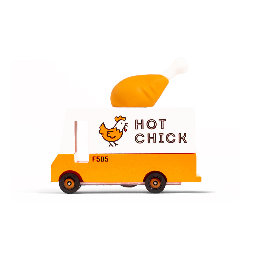 Fried chicken van toy by Candylab, a playful wooden food truck for kids.