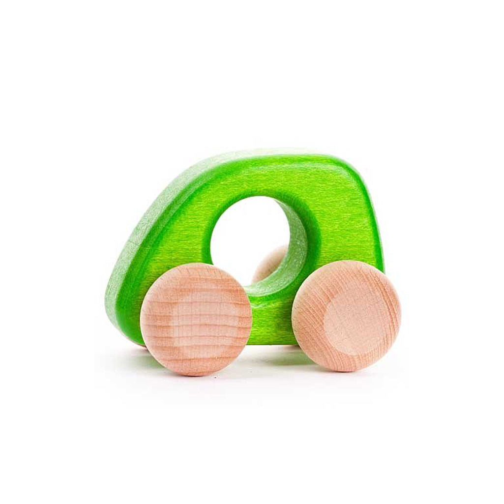 Green toddler toy car by BAJO, made of eco-friendly wood.