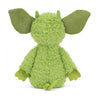  Jellycat Grizzo Gremlin Monster Children's Fantasy Stuffed Animal Toy - bright green fur, two sharp fangs, giant pointy yet floppy ears, pointy toes, facing away from the camera