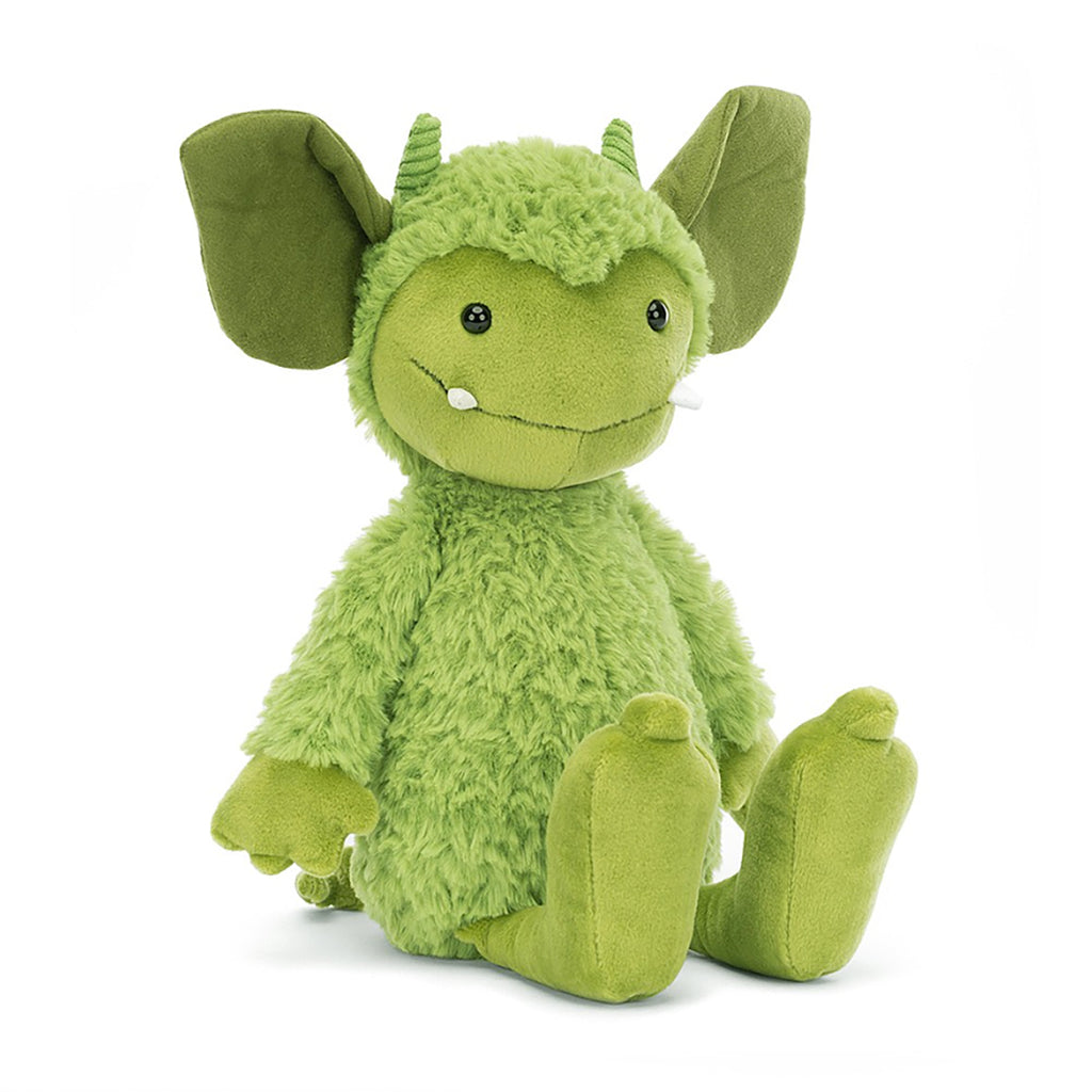 Jellycat Grizzo Gremlin Monster Children's Fantasy Stuffed Animal Toy - bright green fur, two sharp fangs, giant pointy yet floppy ears, pointy toes, facing the camera