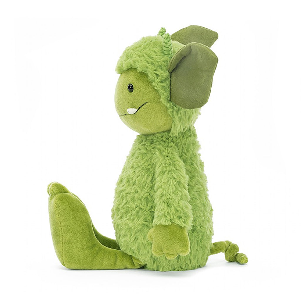  Jellycat Grizzo Gremlin Monster Children's Fantasy Stuffed Animal Toy - bright green fur, two sharp fangs, giant pointy yet floppy ears, pointy toes, facing the left