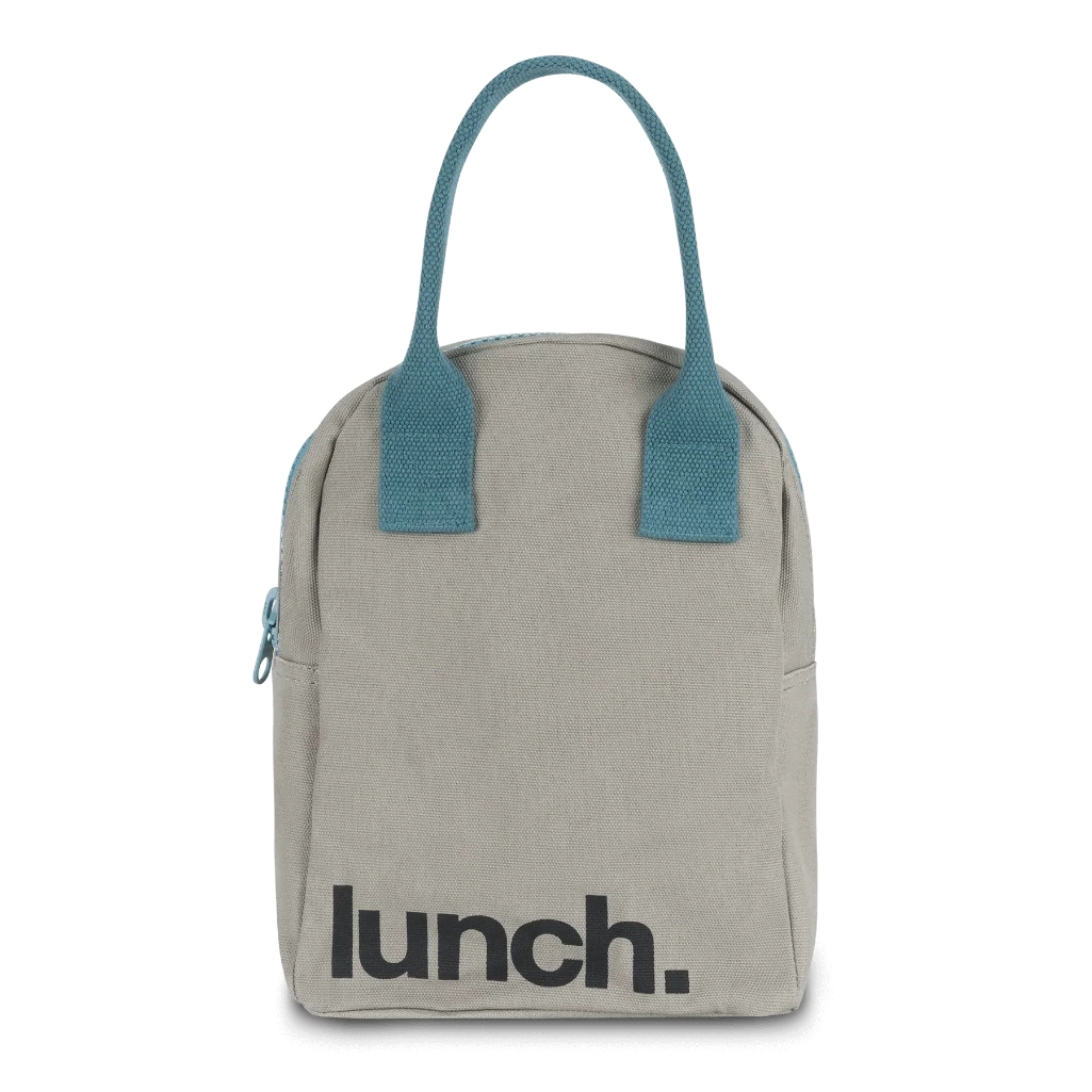 Fluf Grey/Midnight Zippered Reusable Lunch Bag for Children & Adults grey canvas, medium blue handles & zipper, black font