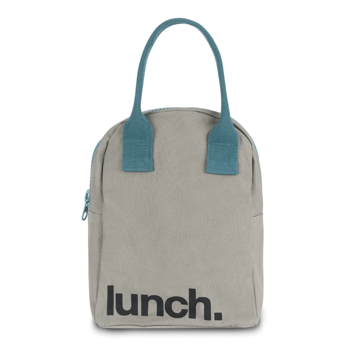 Fluf Grey/Midnight Zippered Reusable Lunch Bag for Children & Adults grey canvas, medium blue handles & zipper, black font