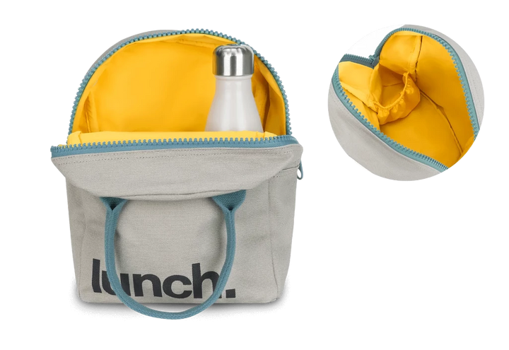 Fluf Grey/Midnight Zippered Reusable Lunch Bag for Children & Adults grey canvas, medium blue handles & zipper, black font, yellow interior