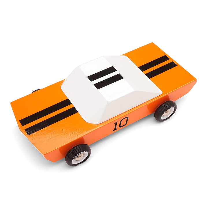 Top view of Candylab GT-10 orange racer showcasing its sleek wooden design
