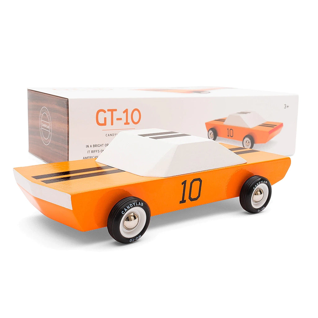 Candylab GT-10 orange racer with its box a collectible wooden toy car for children