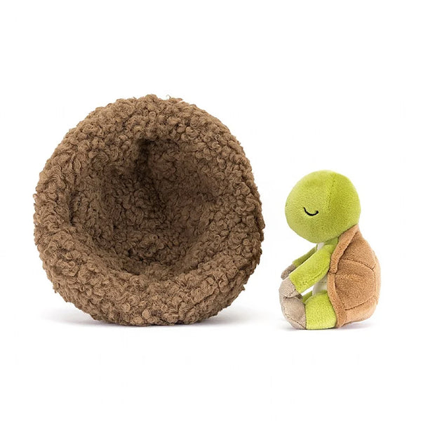 Jellycat Hibernating Tortoise Children's Plush Stuffed Animal Toy - nest sitting up to show you the full diamiter next to a side sitting turtle witha green body, brown shell, and light brown feet.