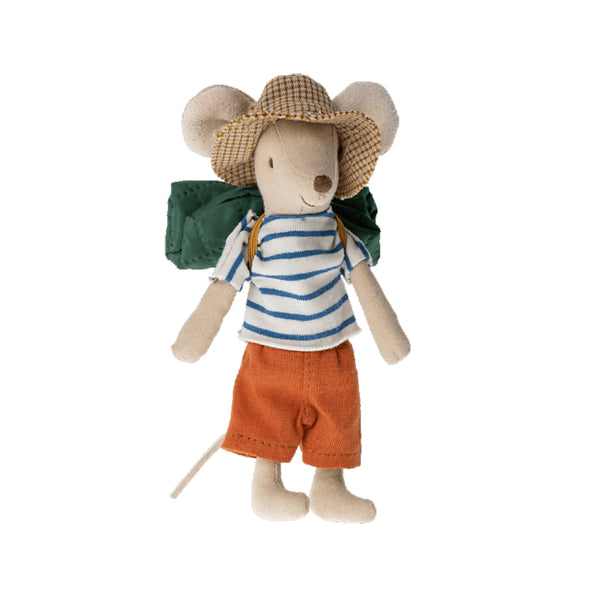 Maileg Big Brother Hiker Mouse Children's Doll Pretend Play Toy orange and green and blue and white striped shirt
