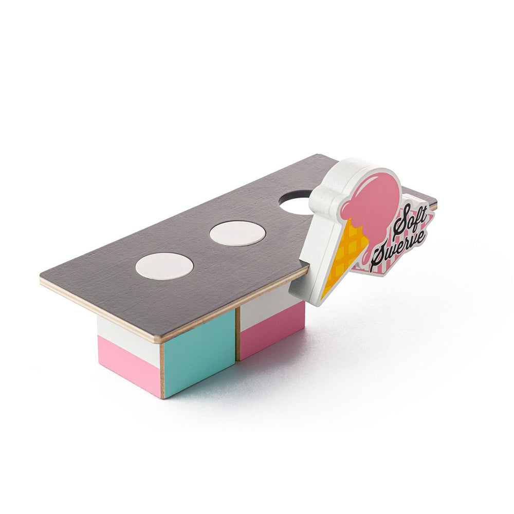 Pink and blue ice cream shack toy by Candylab, wooden food stand for kids.