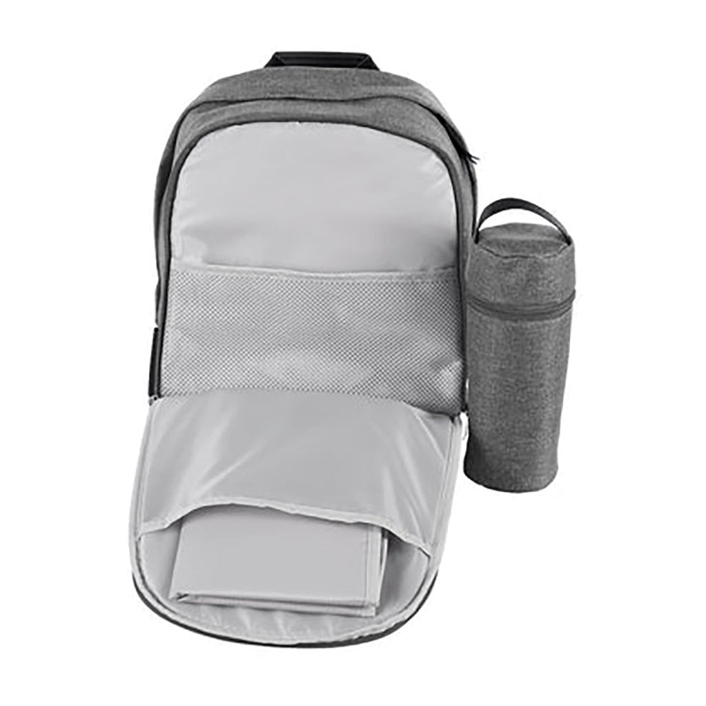 Uppababy Greyson dipaer bag opened to show inside to show changing pad, two pockets, side cup holder.