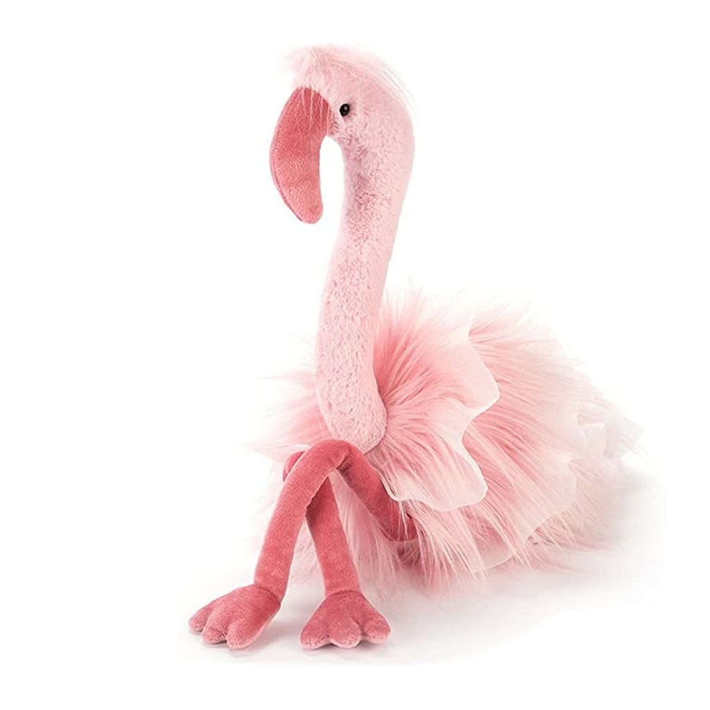 Jellycat Little Flo Maflingo Stuffed Animal Children's Toy. Two-toned pink flamingo with ruffles in body of "fur". Front view.