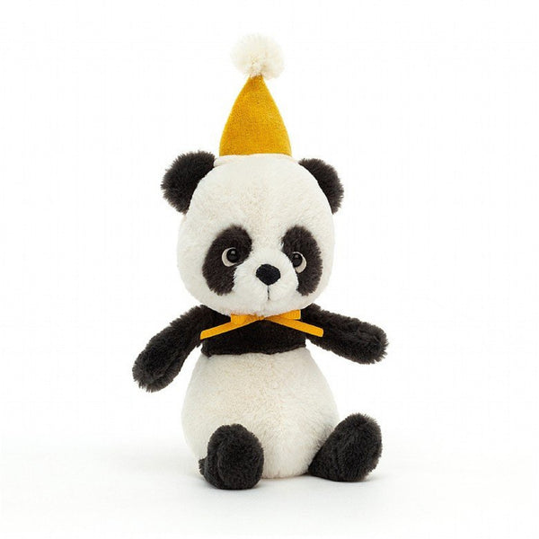 Jellycat Jollipop Panda Plush Children's Stuffed Animal Toy black and white panda with yelllow hat and white puff ball