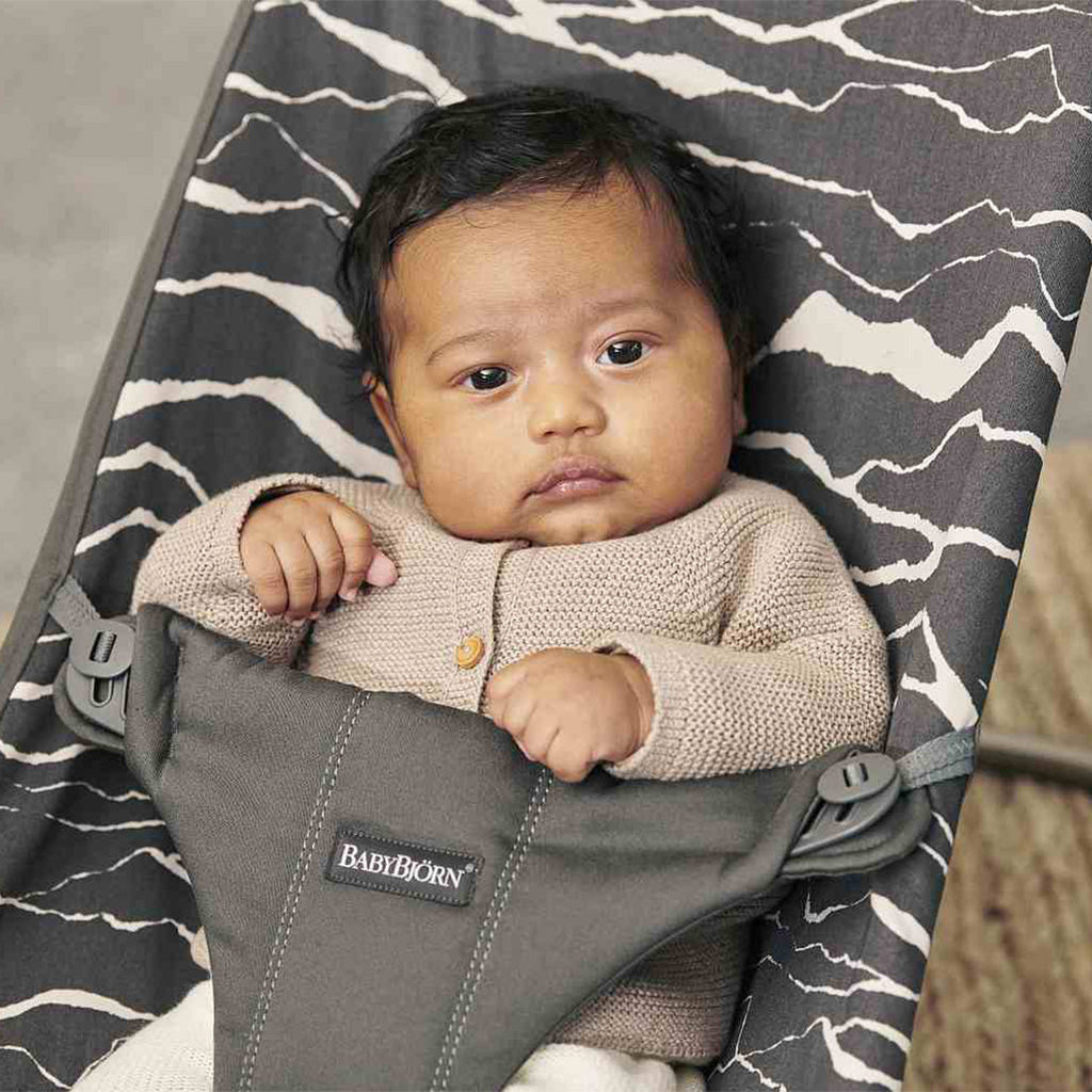 Baby in Bouncer with BabyBjorn Anthracite Landscape Cotton Bouncer Bliss Ergonomic Rocking