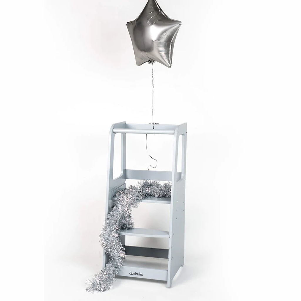 dadada Toddler Tower in light grey with tinsel and silver star balloon attached. 