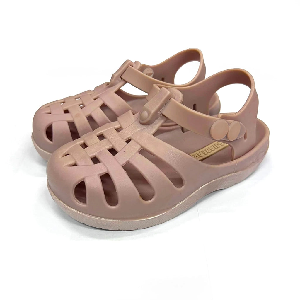Mrs Ertha Blush Floopers Children's Silicone Summer Sandals. Light pink silicone sandals. Two button straps, lattice pattern for air flow.