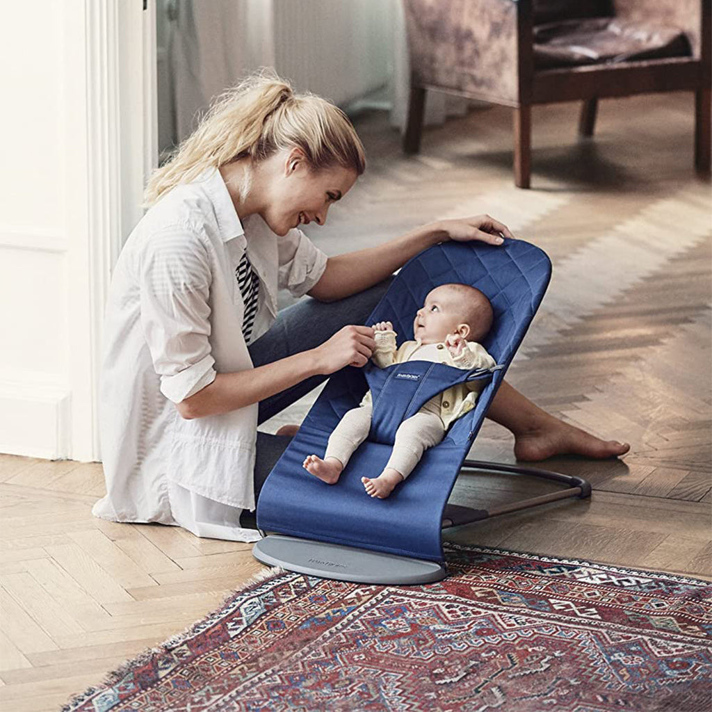 Mom and Baby Using BabyBjorn Midnight Blue Baby Bouncer Bliss