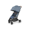 Front view of Uppababy stroller in Charlotte blue with sunshade