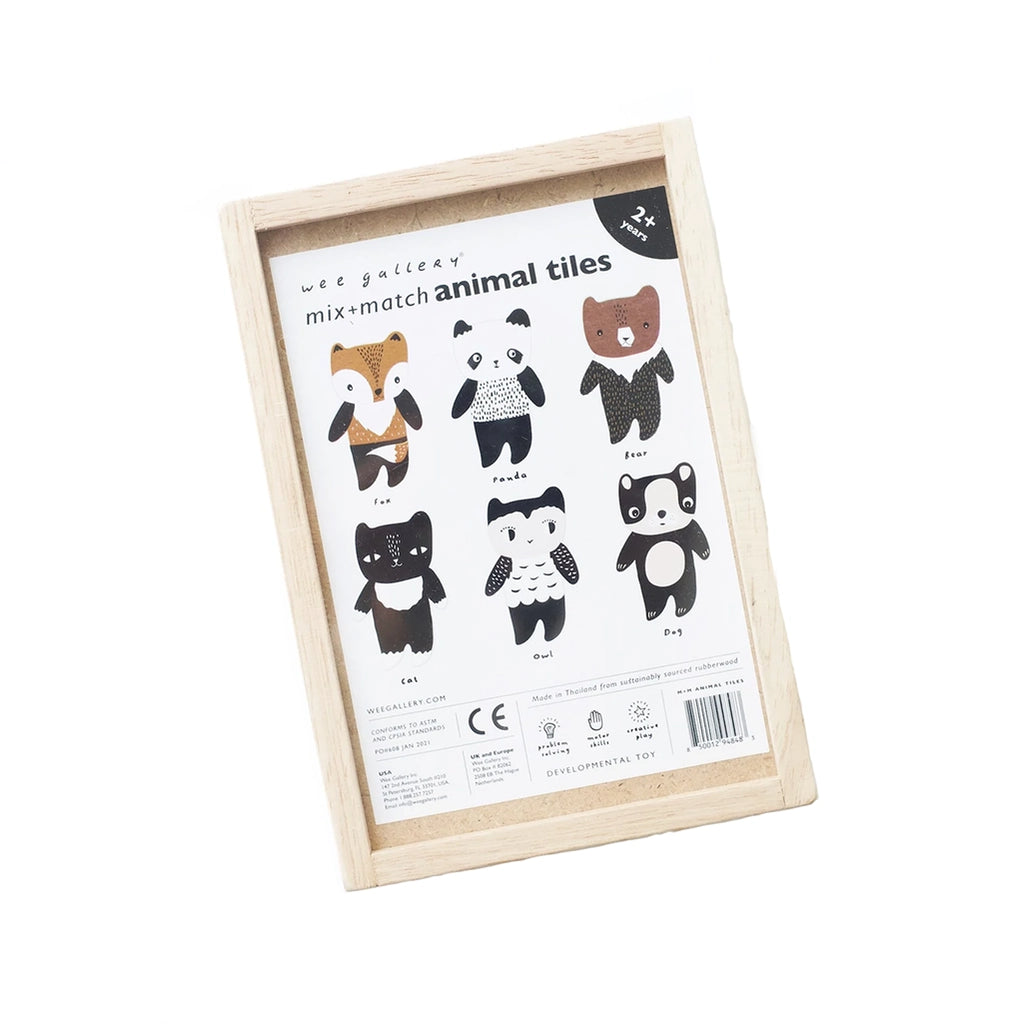 Wee Gallery Mix & Match Animal Tiles Wooden Dress Up Play Set. Image of the back of the storage box showing the full animals put together.