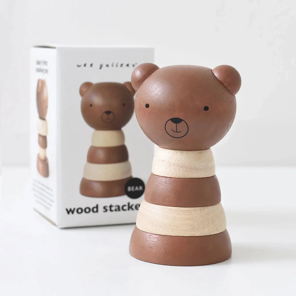 Wee Gallery Bear Wooden Stacker Children's Stacking Game. Stacking tower pictured with packaging.
