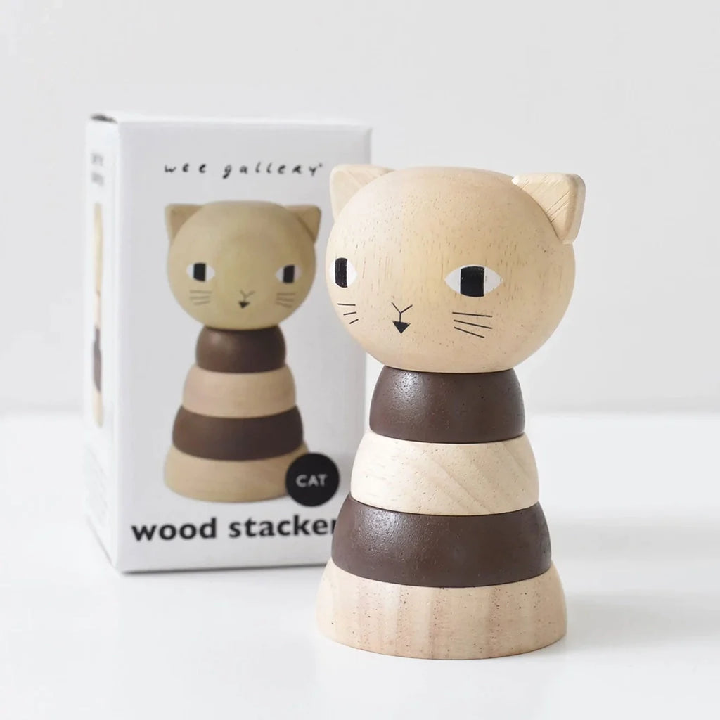 Wee Gallery Cat Wooden Stacker Children's Stacking Game. Stacking tower pictured with product packaging.