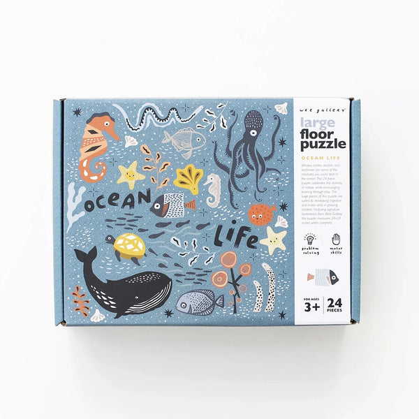 Wee Gallery Ocean Life Floor Puzzle Children's 24 Piece Jigsaw Puzzle. Photo of exterior puzzle box.