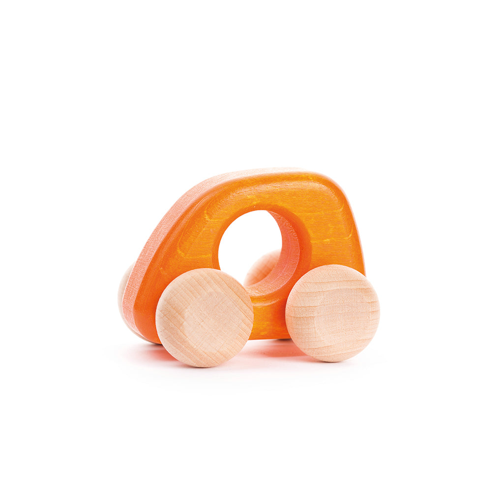 Bright orange wooden mini car by BAJO, fun and safe for toddlers.