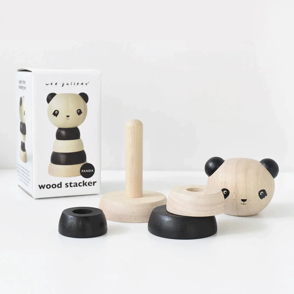 Wee Gallery Panda Wooden Stacker Children's Stacking Game. Panda shown disassembled with product packaging in background. 