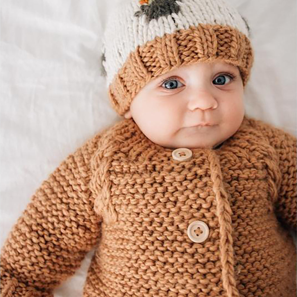 Huggalugs Pecan Garter Stitch Cardigan Sweater modeled on infant.