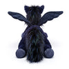 Jellycat Seraphina Pegasus Children's Fantasy Stuffed Animal Toy - soft midnight blue fur with a fluffy mane and tail with electric blue and green highlights, medium sized outstretched wings, facing away from the camera