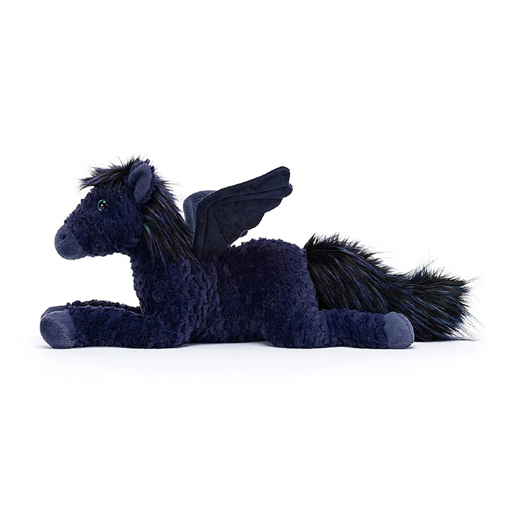 soft midnight blue fur with a fluffy mane and tail with electric blue and green highlights, medium sized outstretched wings, facing the left
