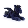Jellycat Seraphina Pegasus Children's Fantasy Stuffed Animal Toy - soft midnight blue fur with a fluffy mane and tail with electric blue and green highlights, medium sized outstretched wings, facing the camera