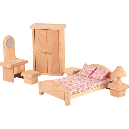 PlanToys Wooden Dollhouse Pretend Play Bedroom Furniture Set classic natural pink floral cloth