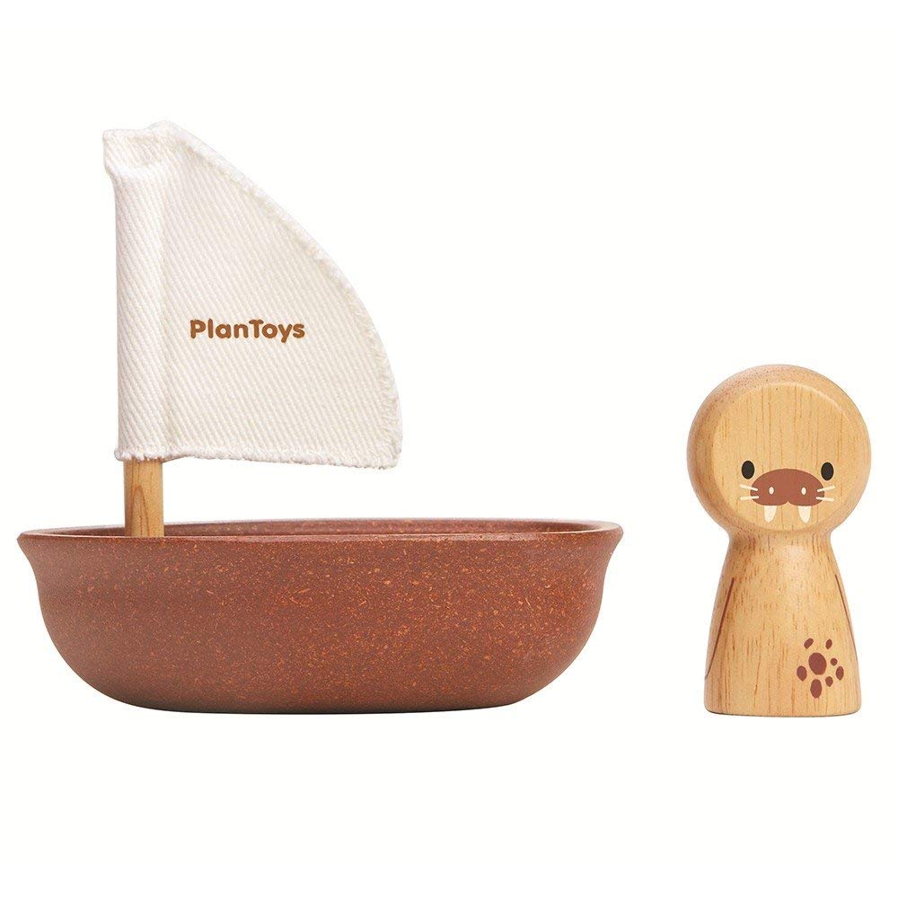 PlanToys wooden sailboat bath toy perfect for 1-year-olds and toddlers