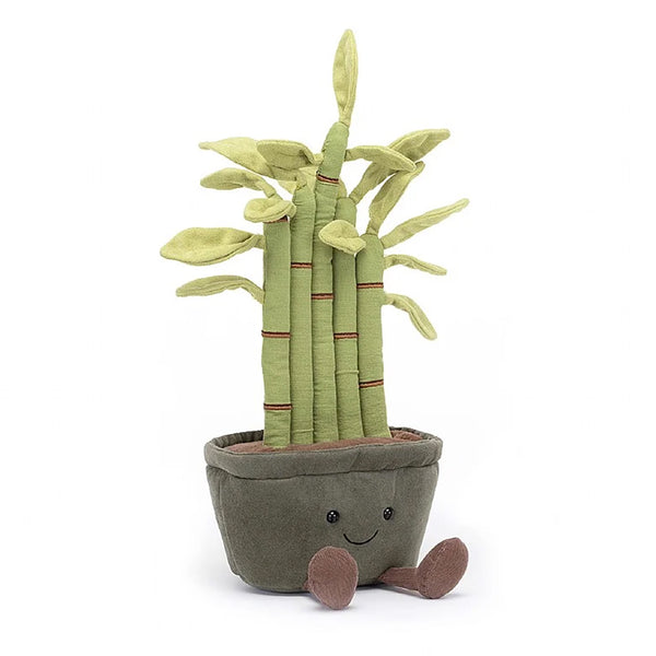 Jellycat Amuseables Potted Bamboo Stuffed Plant Plush Toy - grey pot, brown plush dirt, five green stalks growing with little leaves. Pot os smiling and has little brown cordy-legs and facing the camera