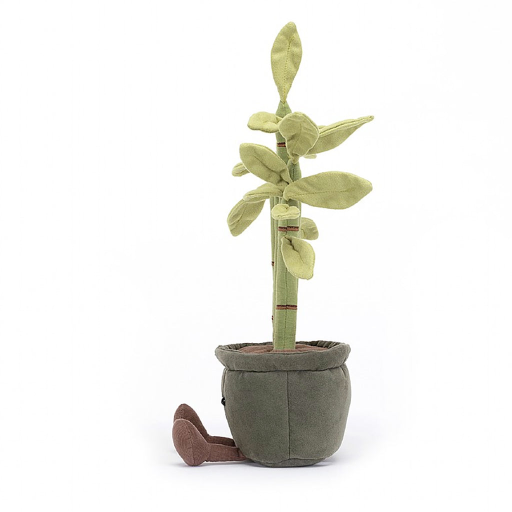 Jellycat Amuseables Potted Bamboo Stuffed Plant Plush Toy - grey pot, brown plush dirt, five green stalks growing with little leaves. Pot os smiling and has little brown cordy-legs and facing left