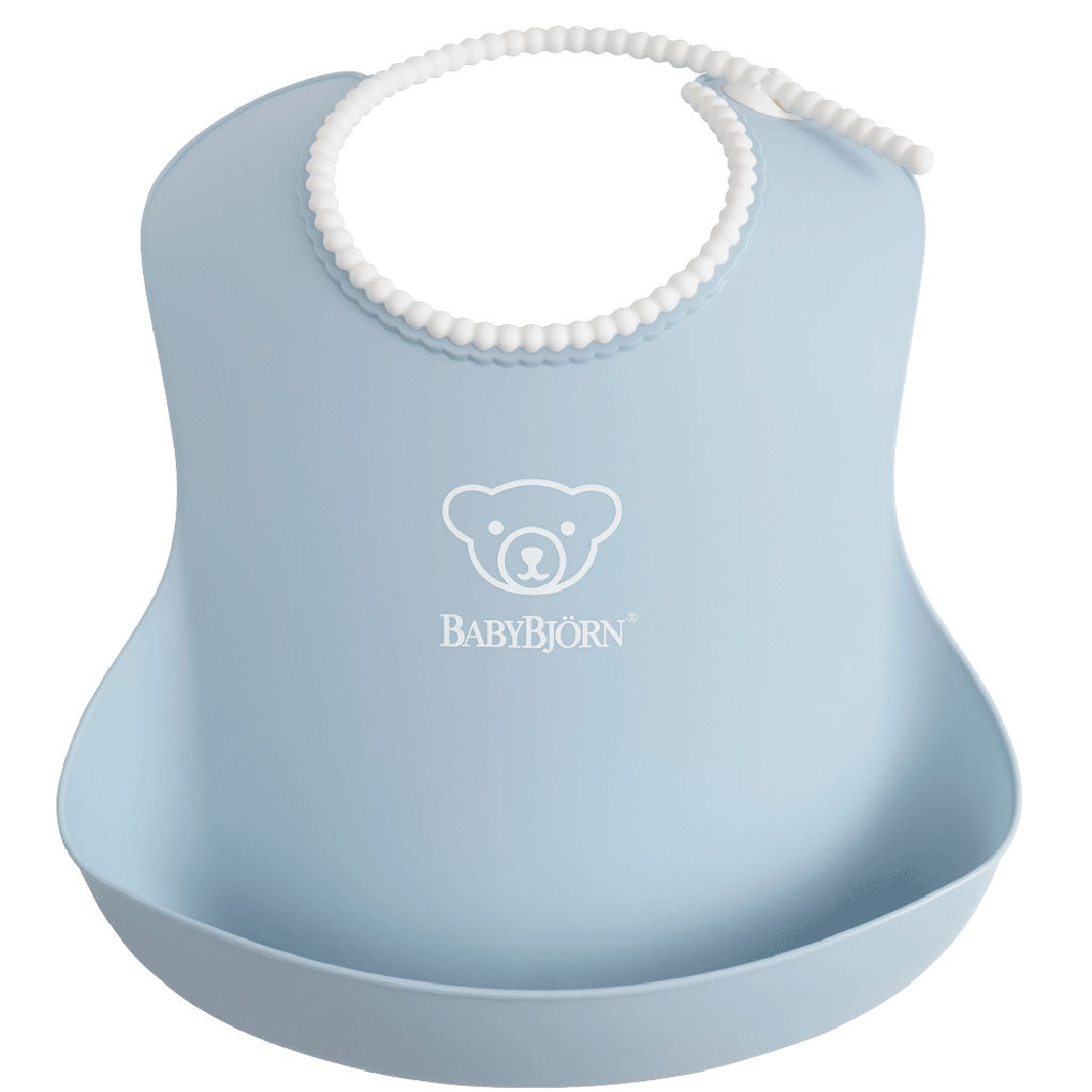 Baby Bjorn baby bib in powder blue, made for easy cleanup after feeding