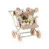 maileg mice riding in rose baby stroller